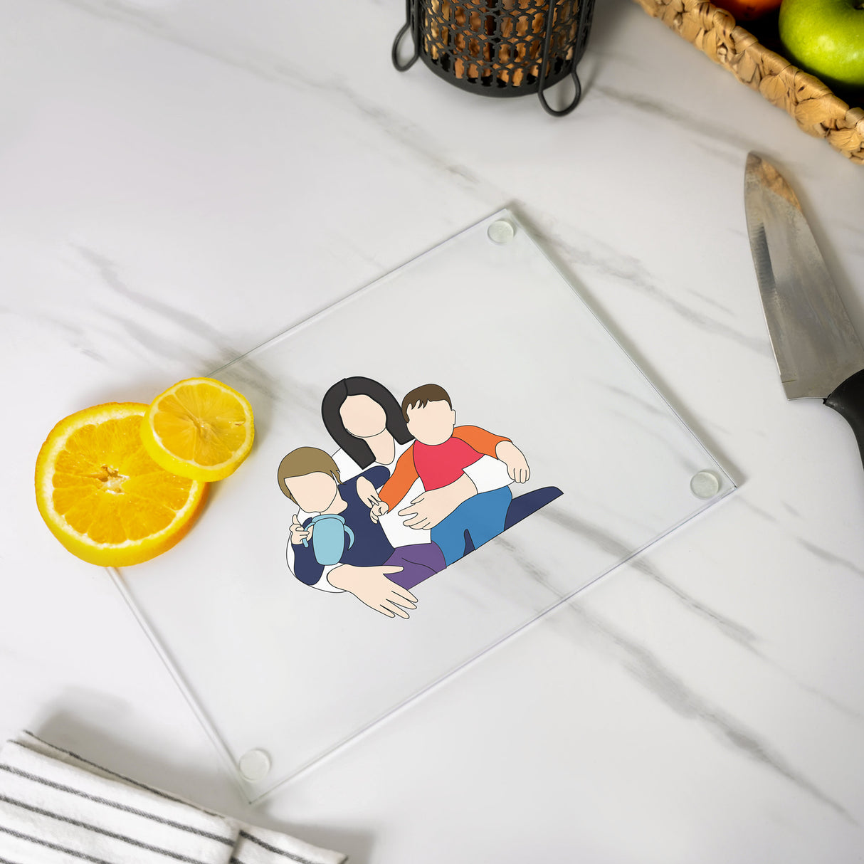 a cutting board with a picture of two people on it