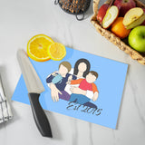 a cutting board with a picture of a family on it