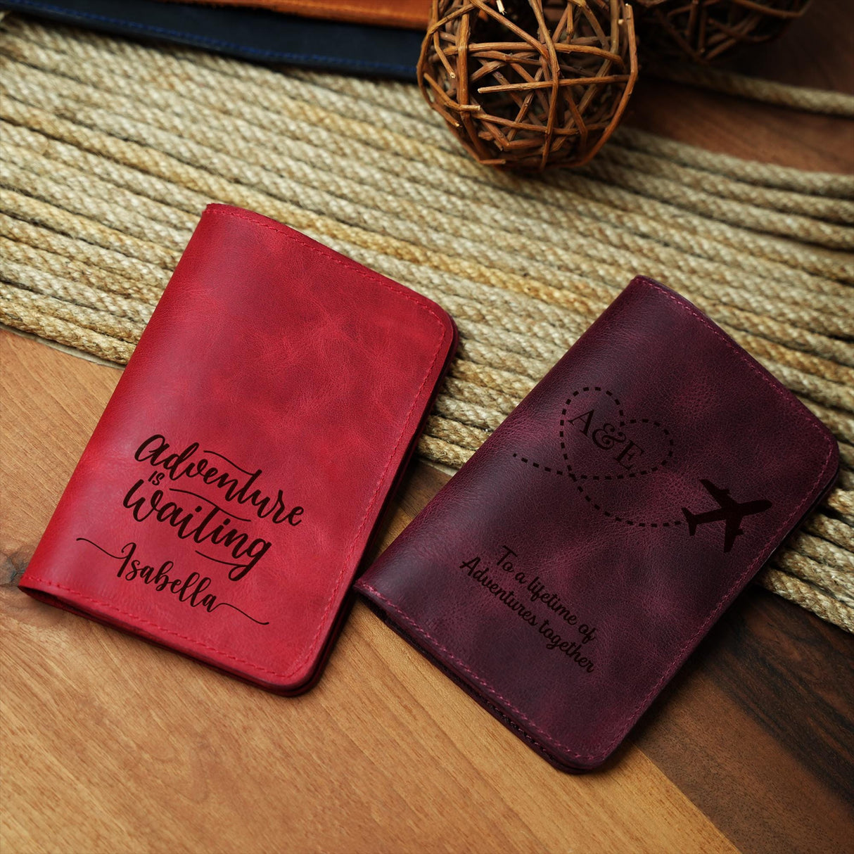 two personalized passport covers sitting on a table