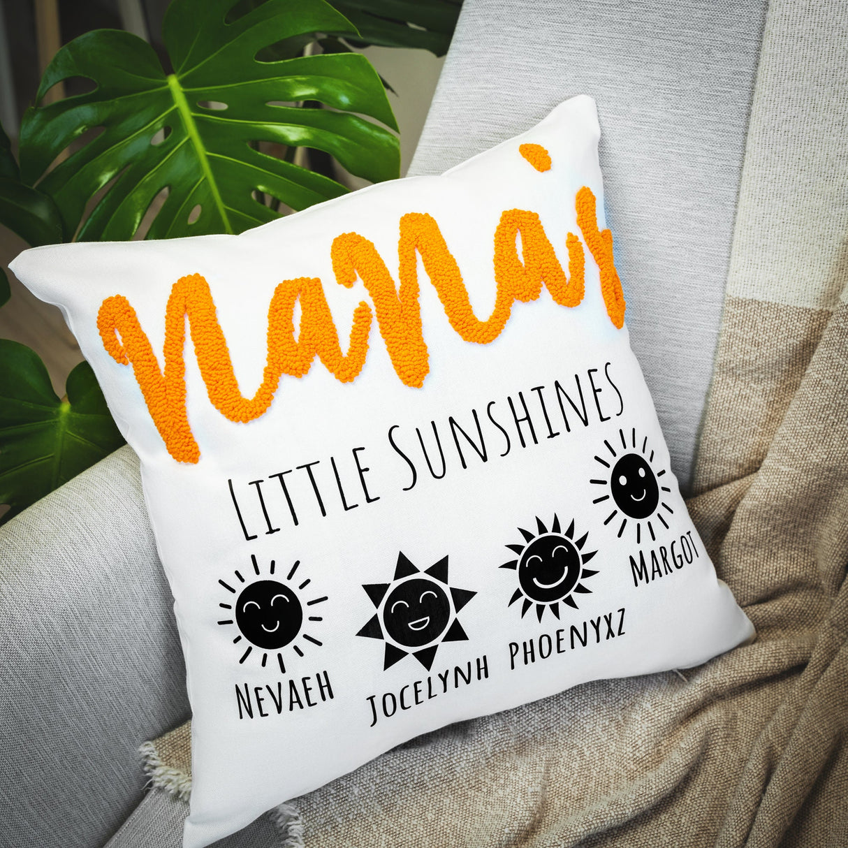 Nanas Little Sunshines Punch Needle Emboridered Pillow, Nana Mothers Day Gift, Personalized Grandkids Name Pillow Covers, Gift From GrandKid