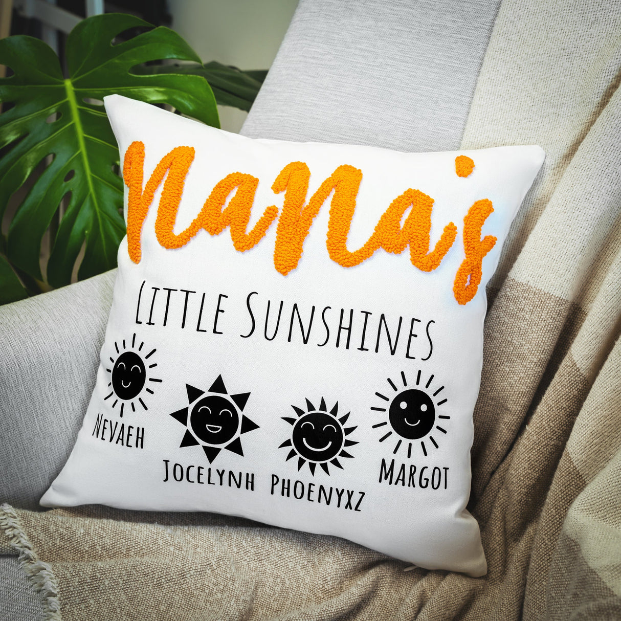 Nanas Little Sunshines Punch Needle Emboridered Pillow, Nana Mothers Day Gift, Personalized Grandkids Name Pillow Covers, Gift From GrandKid