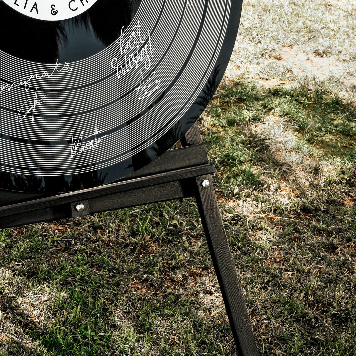 a record sitting on top of a stand in the grass