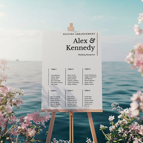 a white sign sitting on top of a wooden easel