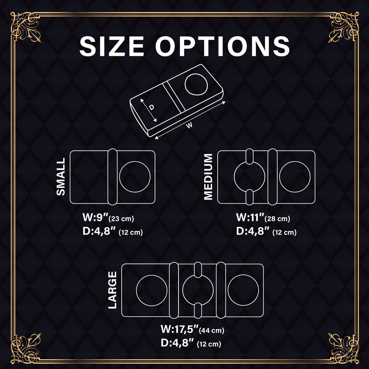 a black and gold frame with a diagram of the size options