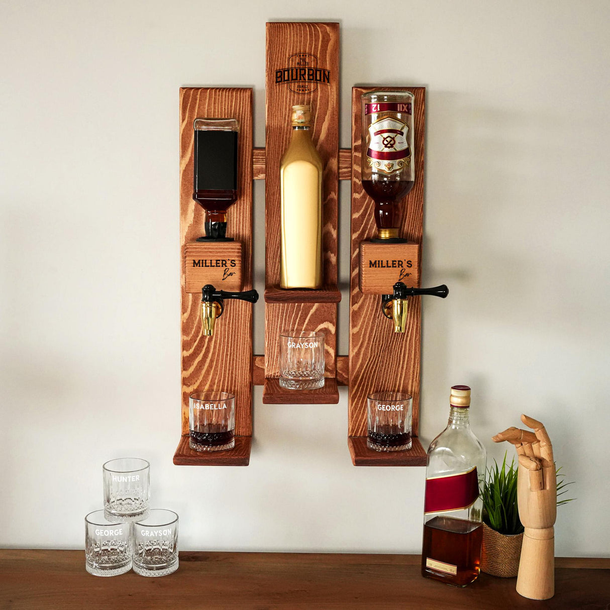 a wooden shelf with a bottle of wine and glasses on it