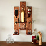 a wooden shelf with a bottle and glasses on it