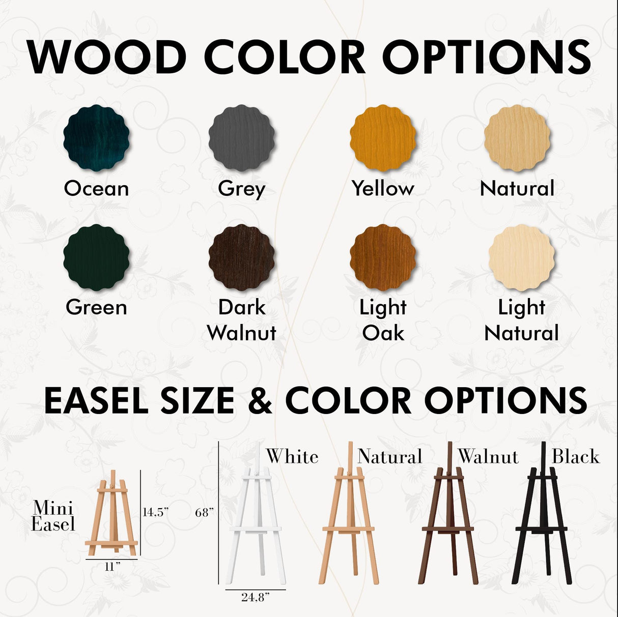 wood color options for easel size and color options