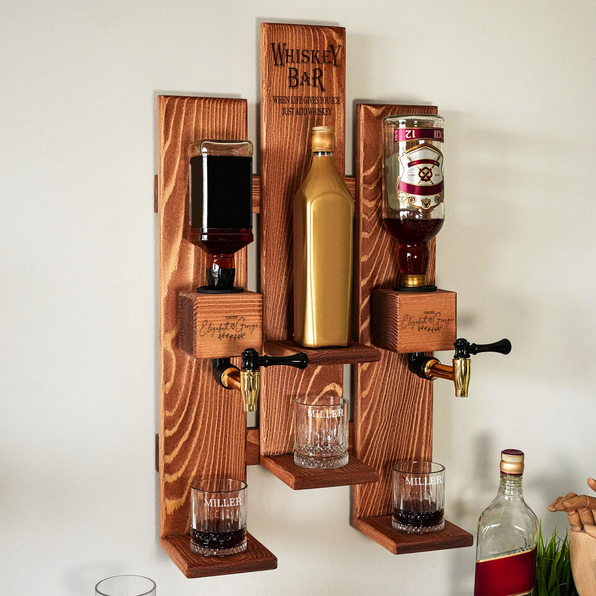 Personalized Wooden Wall Mount Whiskey Dispenser with Glasses, Custom Whiskey Gift, Liquor Decanter, Home Bar Decor, Unique New Home Gift