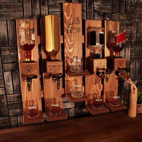 a wooden shelf with a bunch of glasses on it