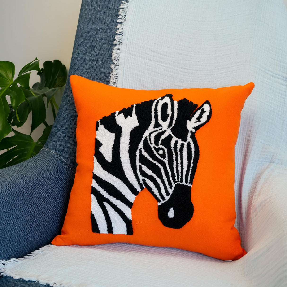 Punch Needle Embroidered Animal Theme Pillow, Jungle Animal Throw Pillow, Safari Nursery Decor, Zebra Pillow Decor, Kids Room Decorations