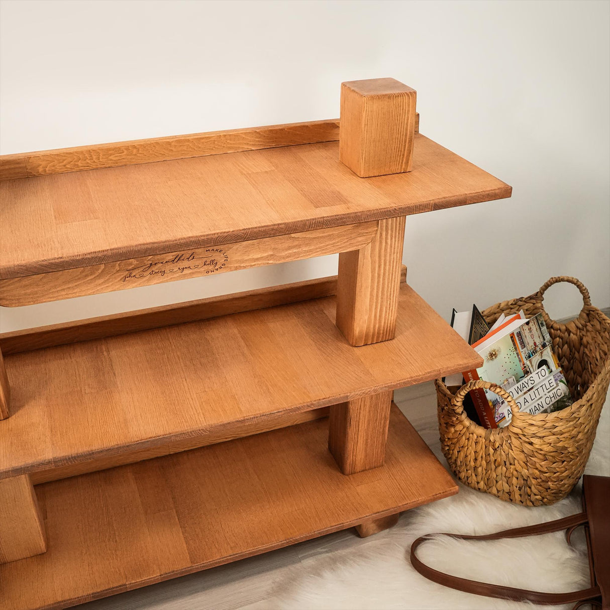 Grandpa Retirement Gift Wooden Shoe Rack, Personalized Grandkid Name Entryway Japandi Shoe Rack, Custom Grandpa Gift, Gift from Grandkids