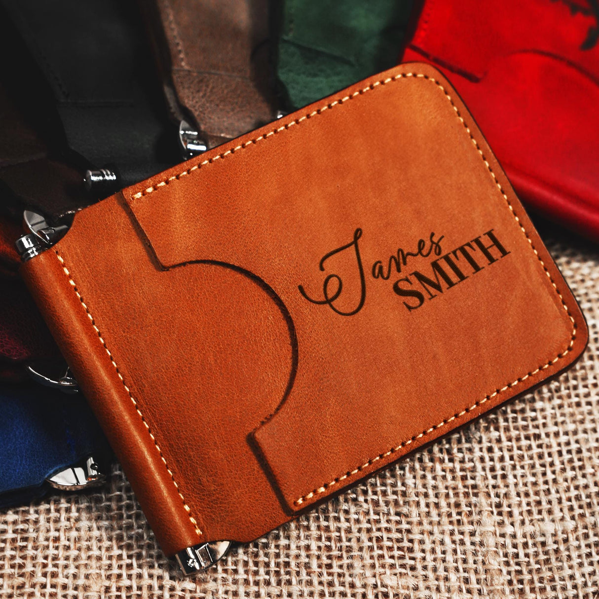 a personalized leather wallet sitting on top of a table