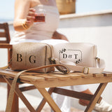 a white bag sitting on top of a wooden table