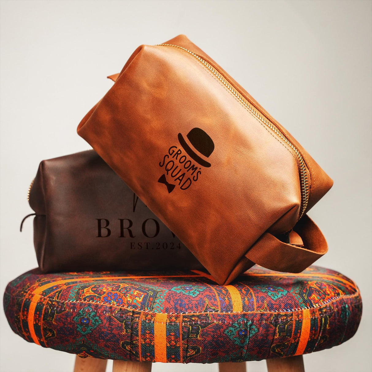 a brown bag sitting on top of a wooden stool