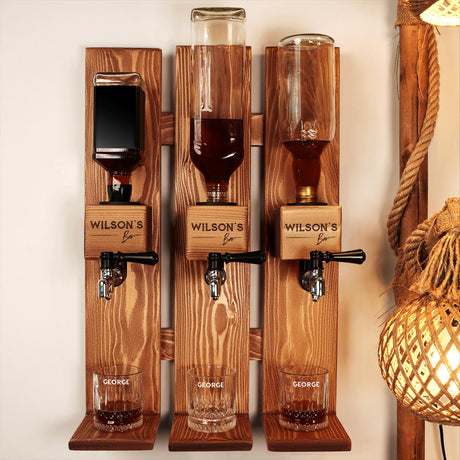 a wall mounted beer dispenser with a glass of wine