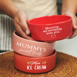 a woman holding three bowls with a message on them