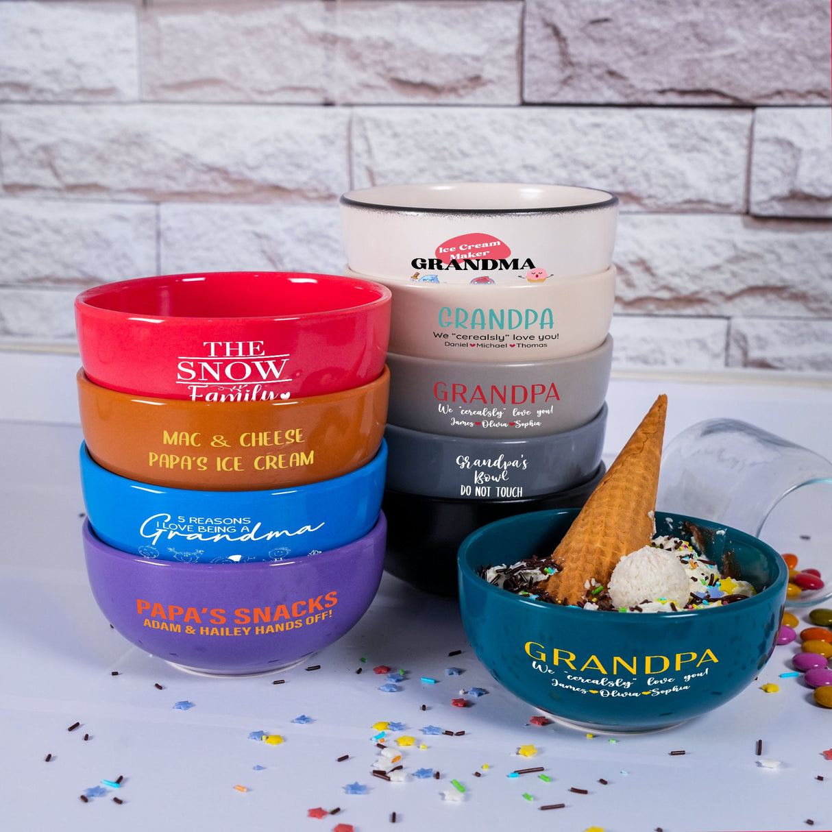 a table topped with bowls filled with ice cream