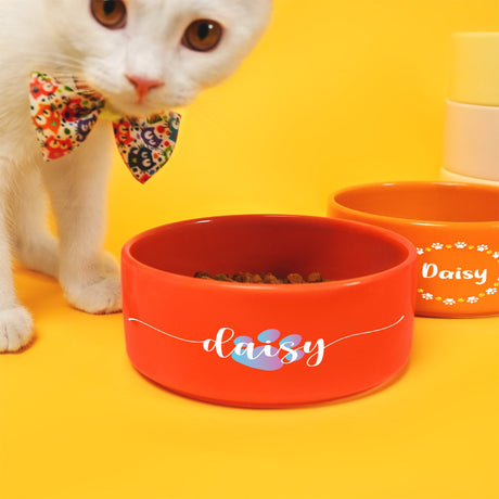 a white cat wearing a bow tie next to three bowls