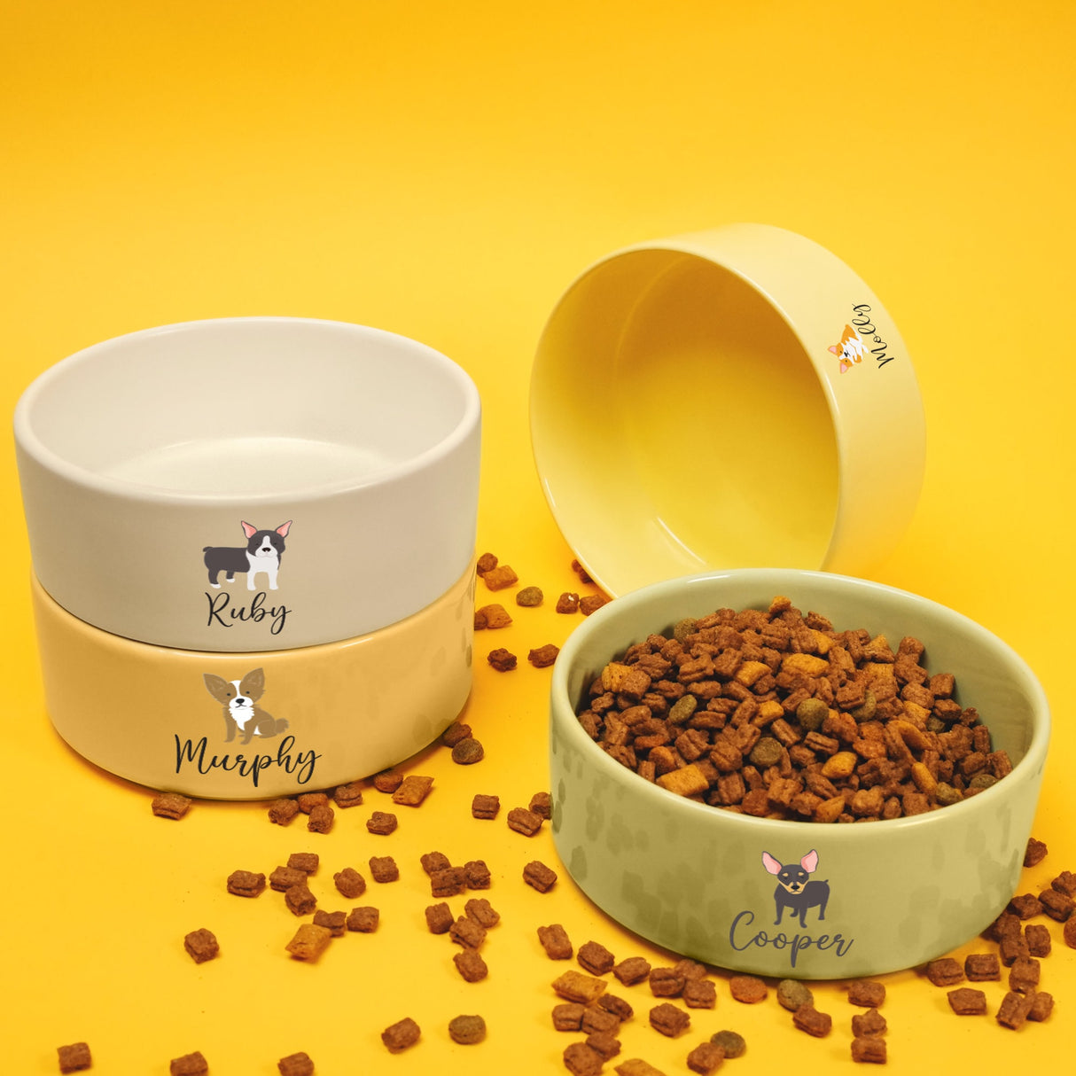 two bowls of dog food on a yellow background