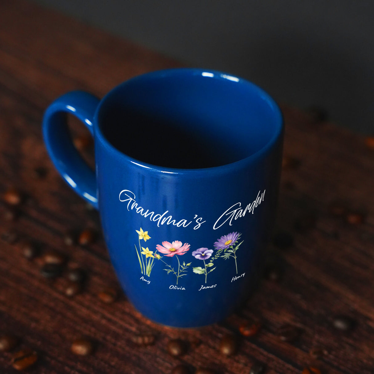 a blue coffee mug sitting on top of a wooden table