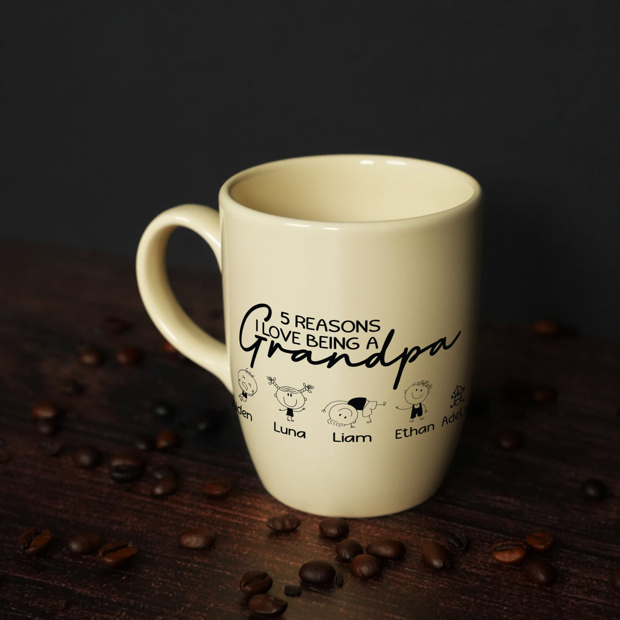 a white coffee mug sitting on top of a wooden table