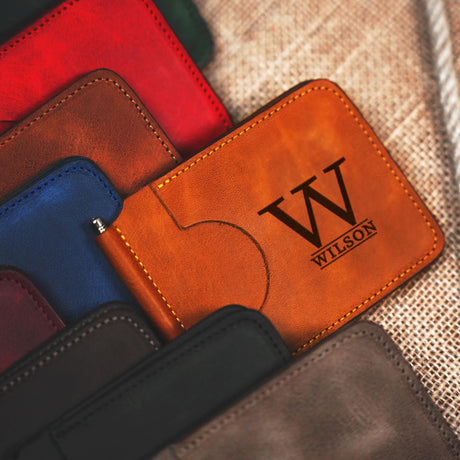 a wallet with a personalized name on it