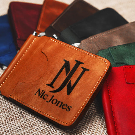 a leather wallet with the name nic jones on it