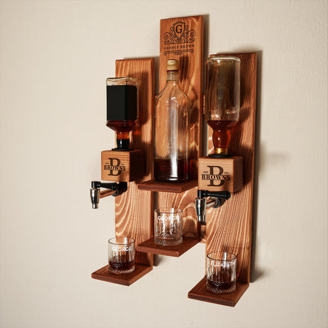 a wooden shelf with three glasses and a bottle on it