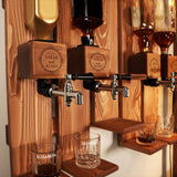 a row of beer taps mounted to a wooden wall