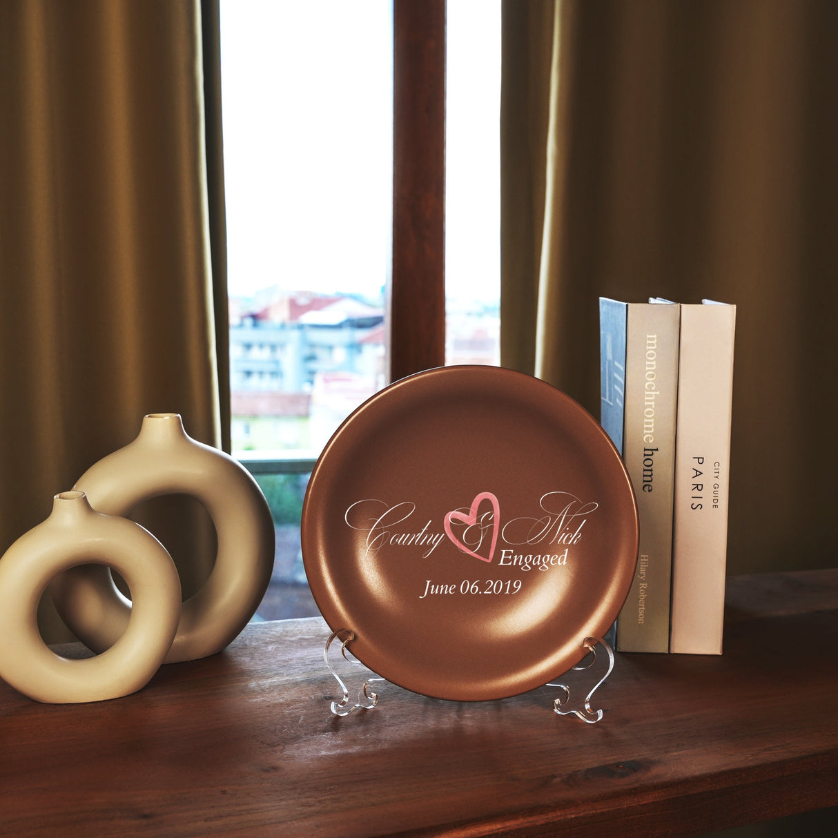 a couple of plates sitting on top of a wooden table