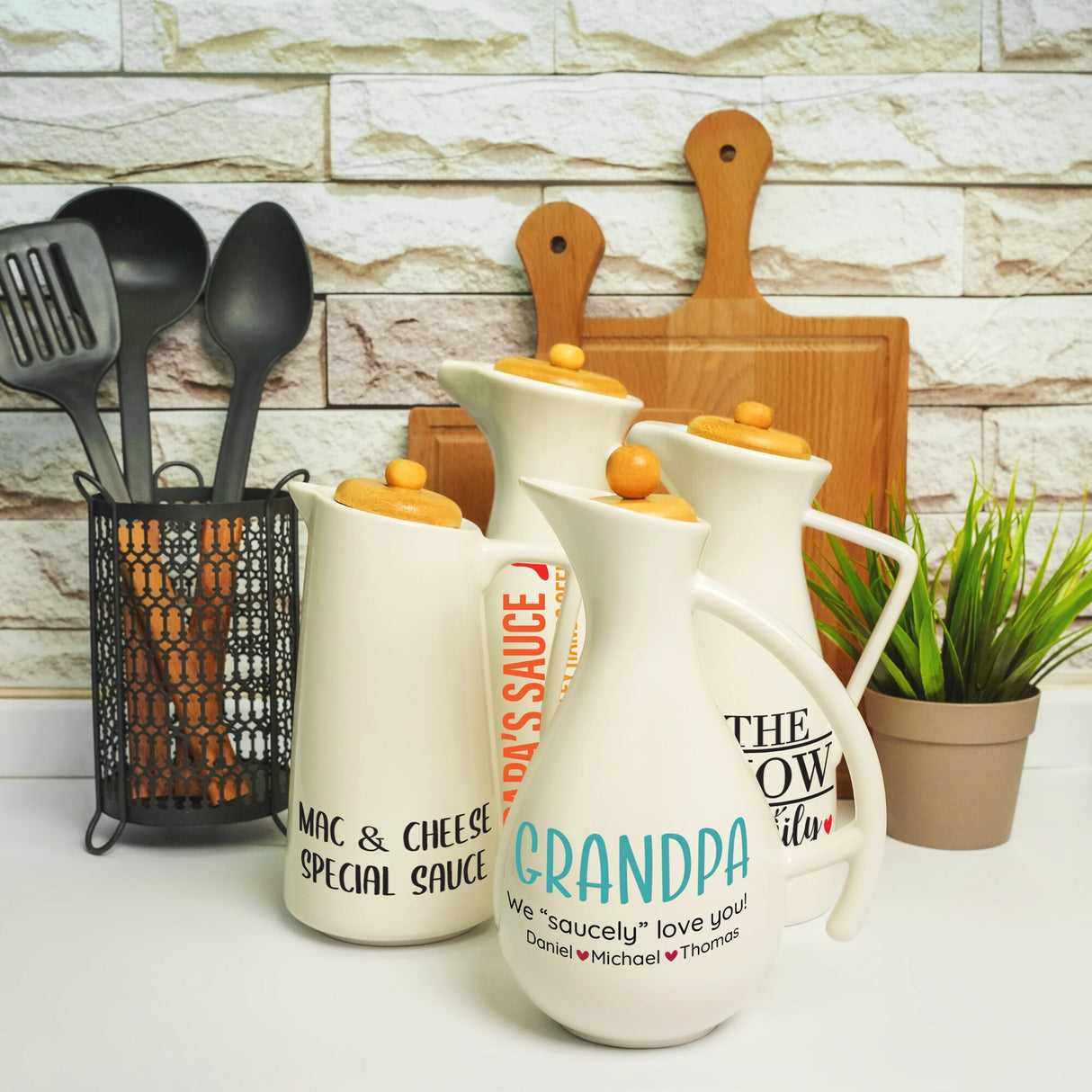 a couple of white jugs sitting on top of a counter