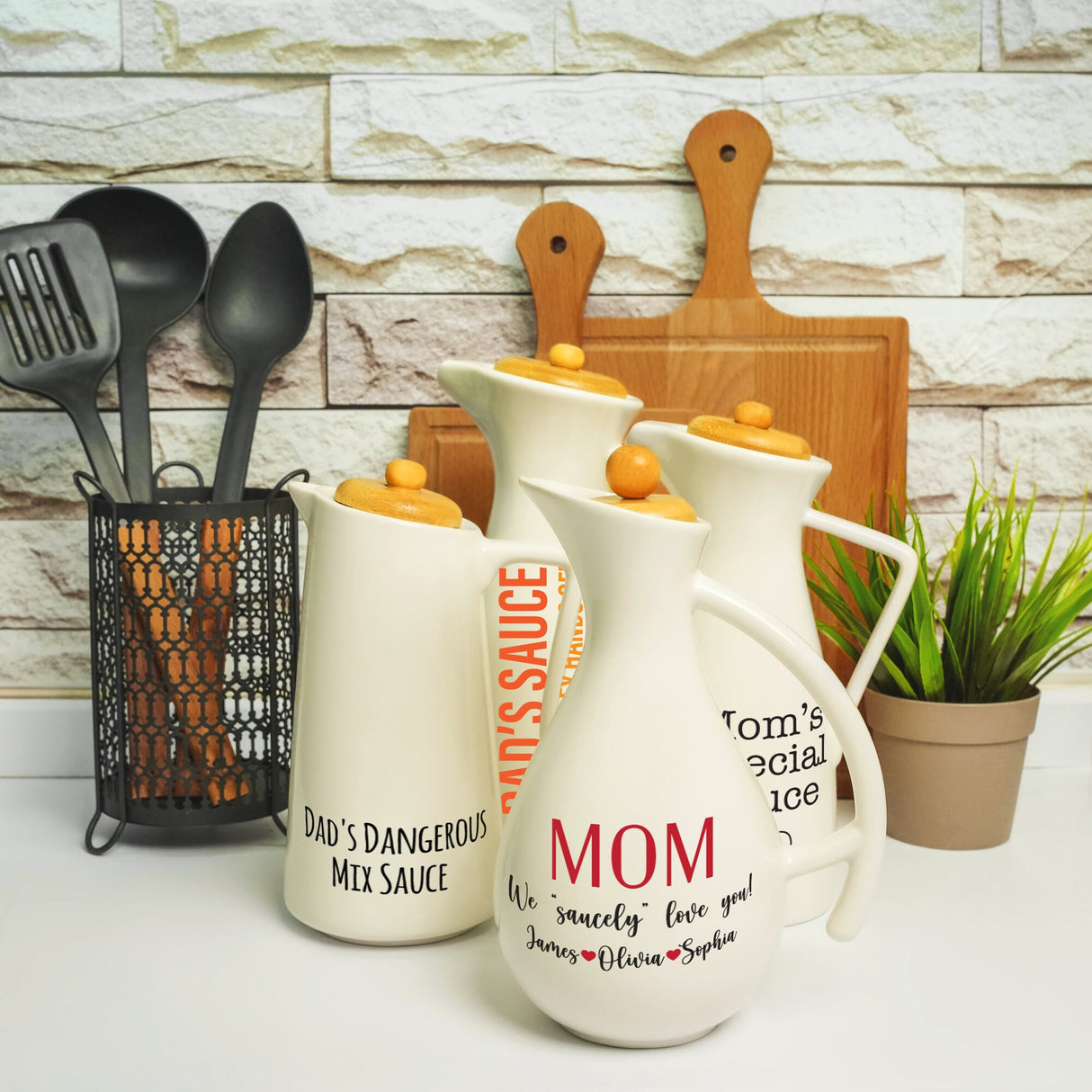 a couple of white jugs sitting on top of a counter