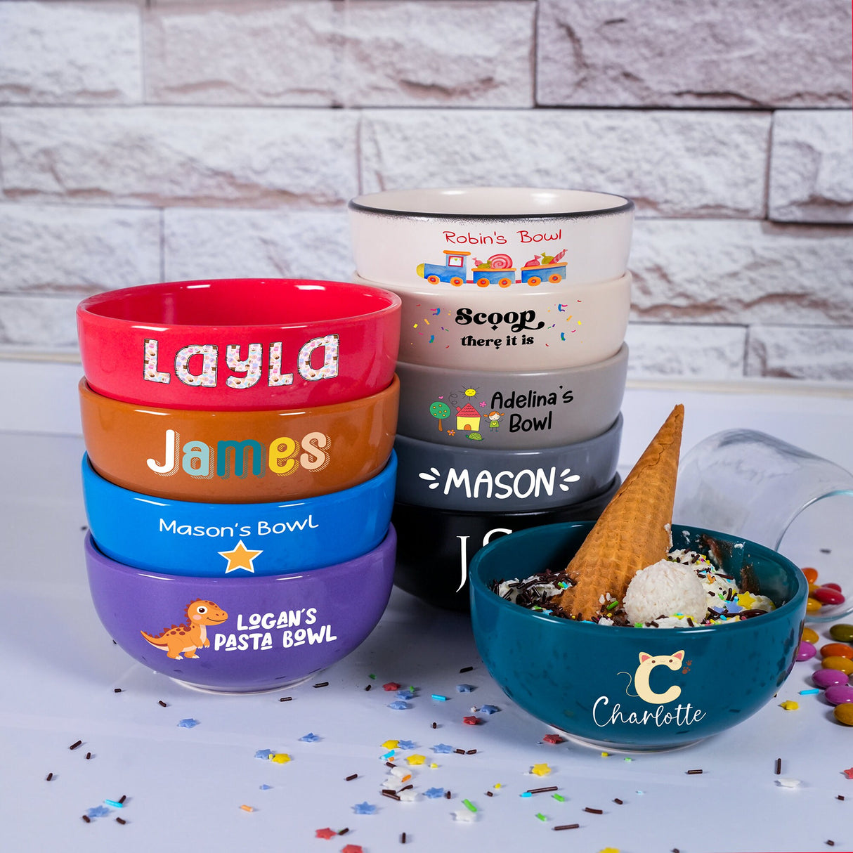 a table topped with bowls filled with ice cream