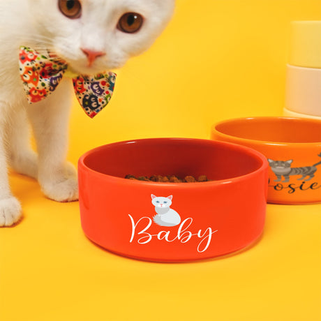 a white cat wearing a bow tie next to two bowls