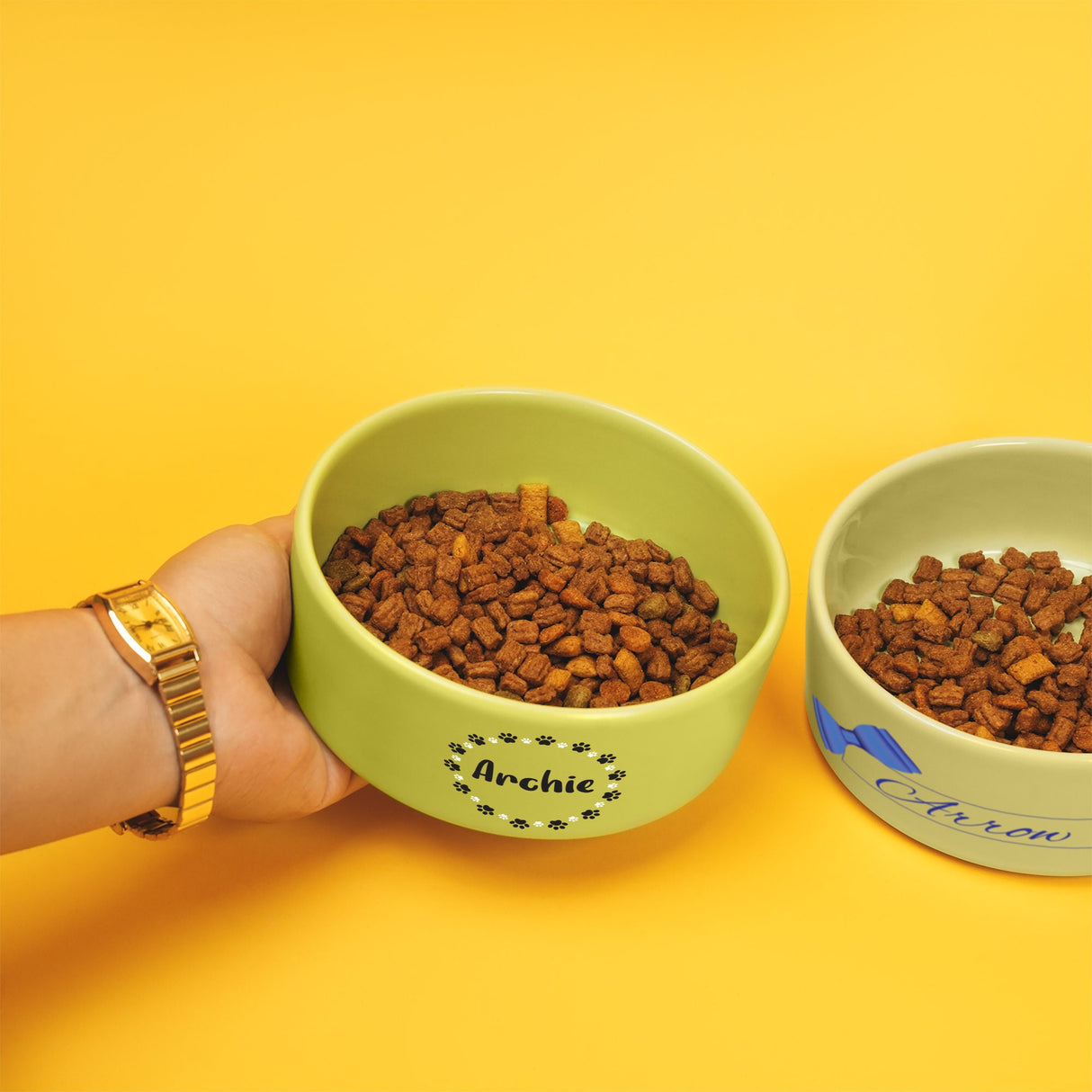 a person holding a bowl of dog food