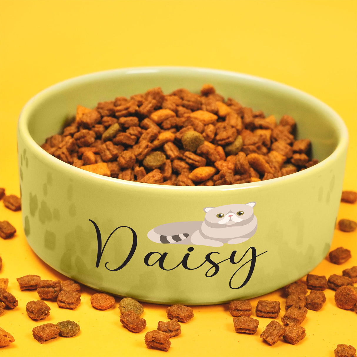 a bowl filled with cat food on top of a yellow table