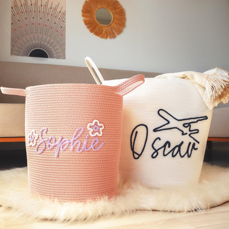 two stuffed animals in baskets on a white rug