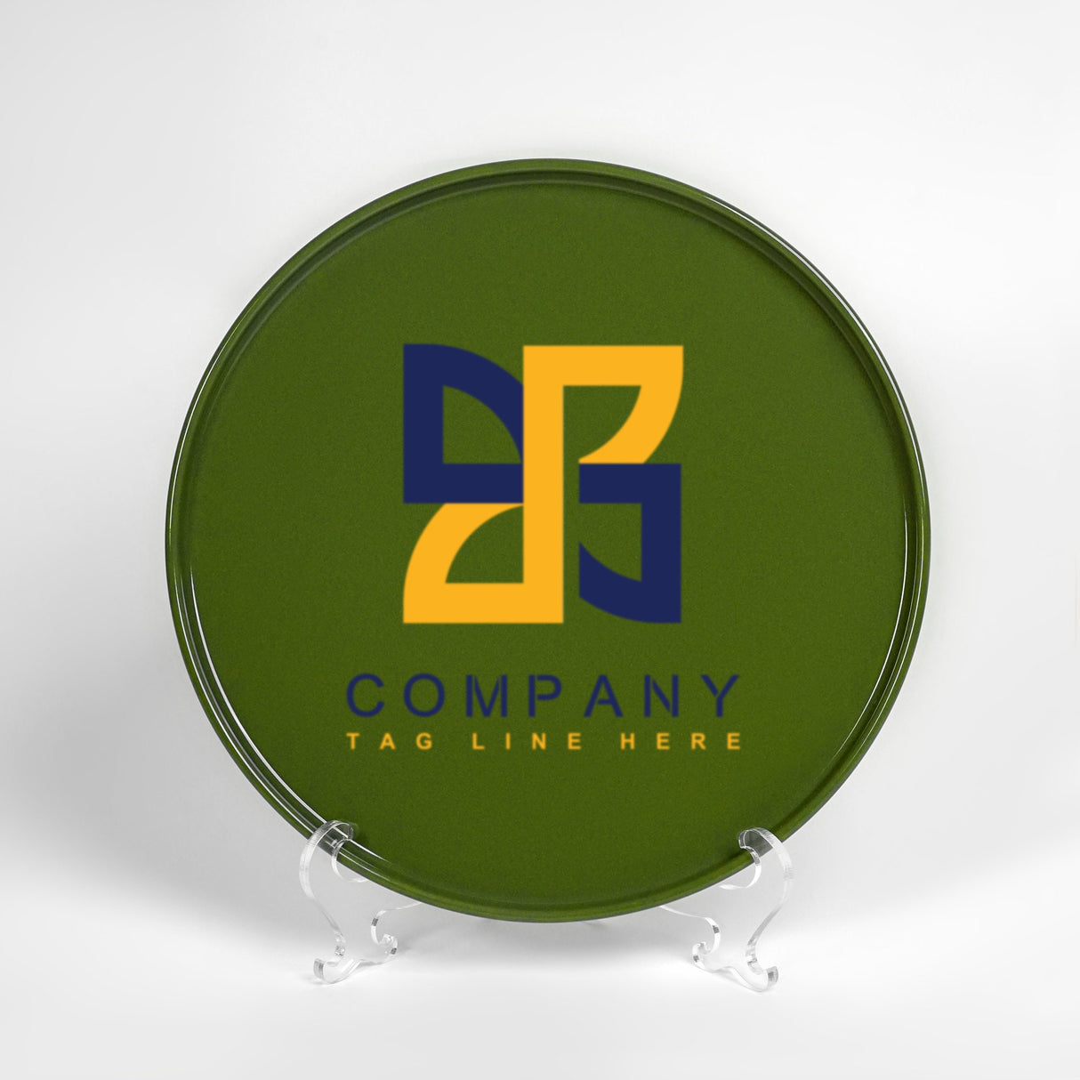 a green plate with a blue and yellow logo on it