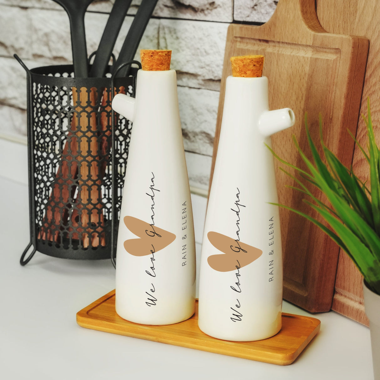 a couple of bottles sitting on top of a wooden tray