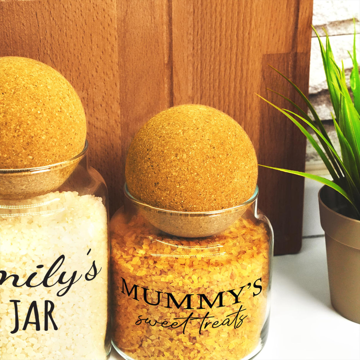 a couple of jars filled with food next to a potted plant