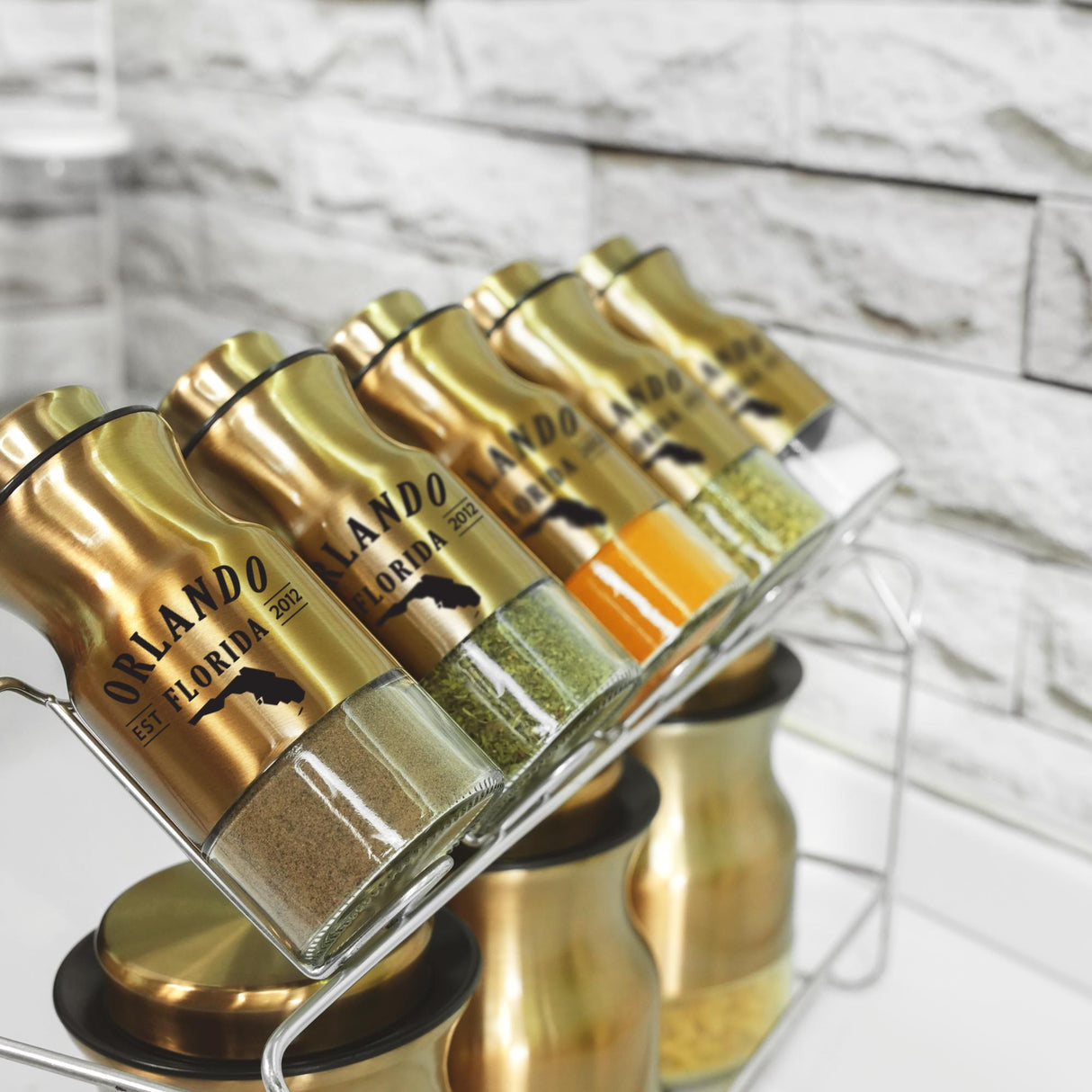 a display of spices on a white counter