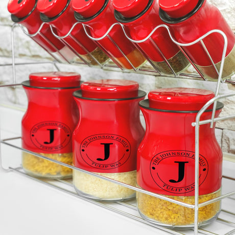 a rack of jars filled with yellow and red food