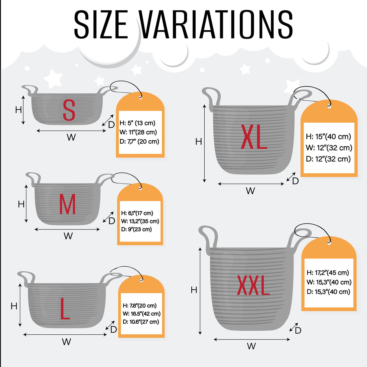 a diagram showing the size variations of a basket