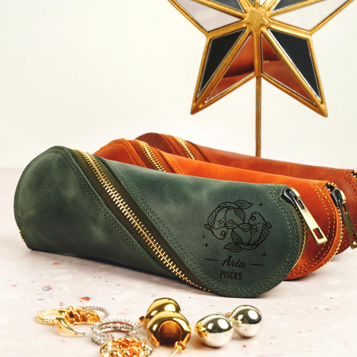 a green and orange purse sitting on top of a table