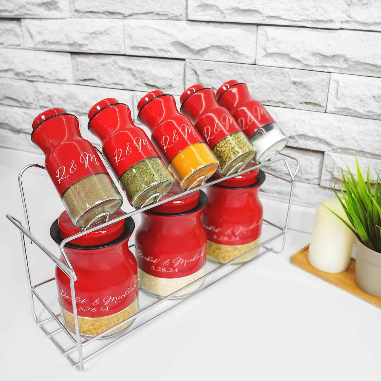 a rack of spices and spices on a counter