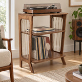 Vinyl Record Storage Console with Turntable Shelf | Wooden Stand with Rope Details