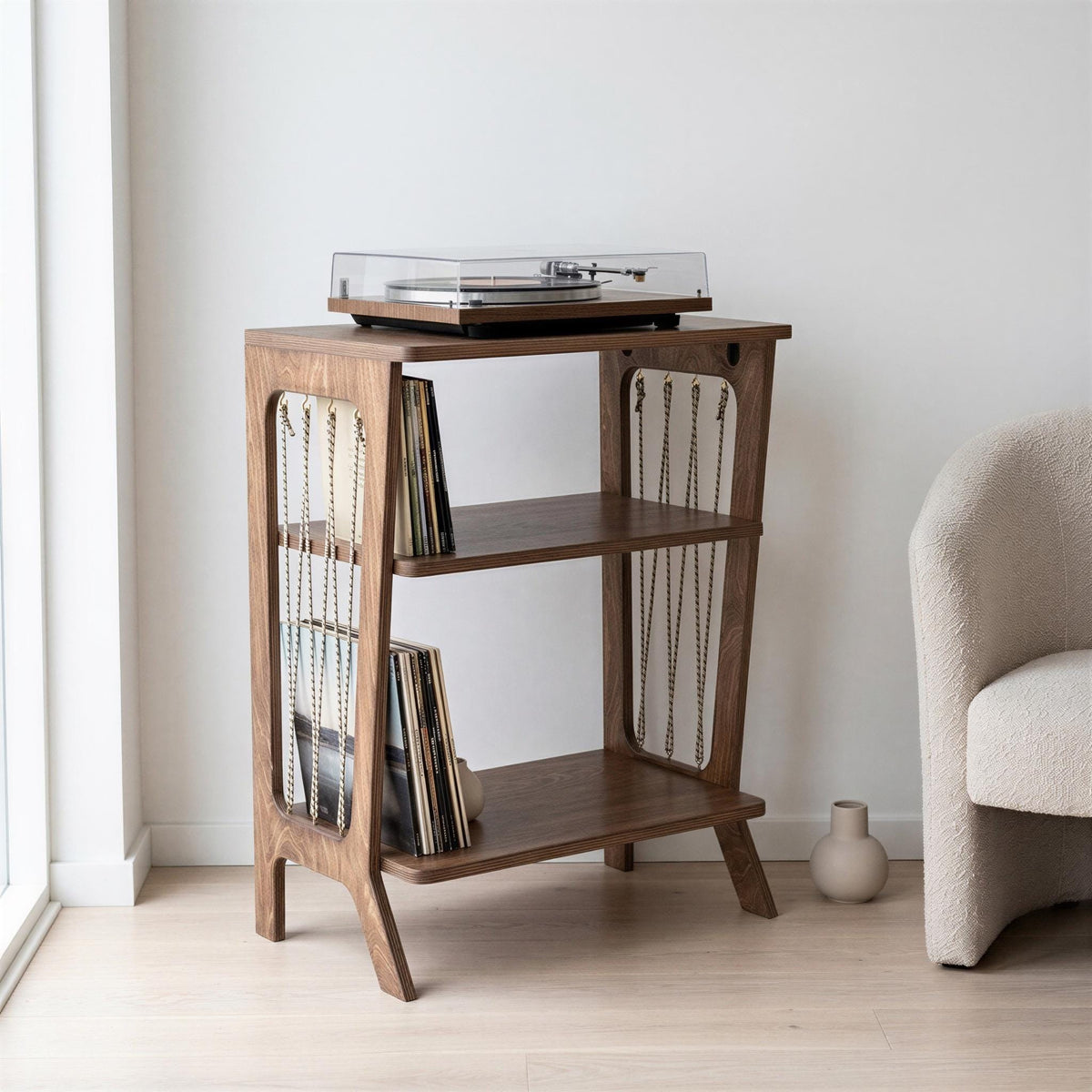 Vinyl Record Storage Shelf with Rope Accents | Wooden Turntable Console