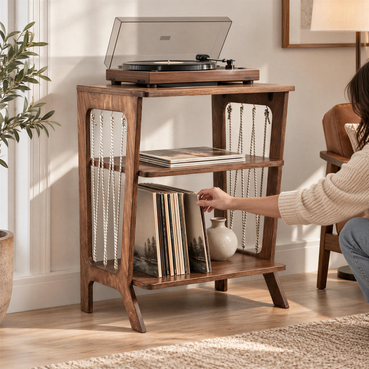 Vinyl Record Storage Shelf with Rope Accents | Wooden Turntable Console