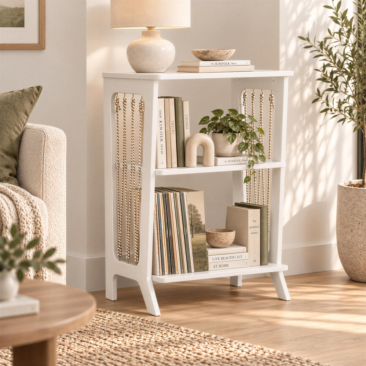 Vinyl Record Storage Shelf with Rope Accents | Wooden Turntable Console