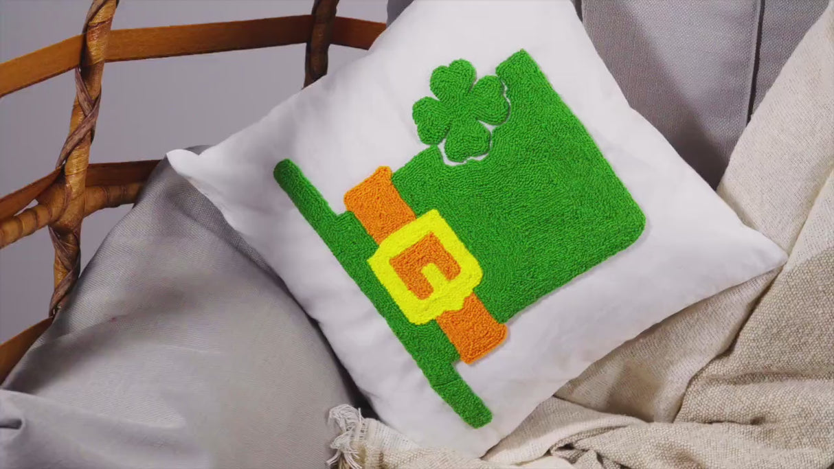 Leprechaun Hat Embroidered Pillow, St Patricks Day Decor, Irish Hat Pillow, Four Leaf Clover Pillow, Shamrock Pillow, Green Gnome Pillow